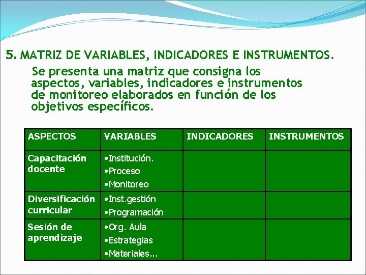 5. MATRIZ DE VARIABLES, INDICADORES E INSTRUMENTOS. Se presenta una matriz que consigna los