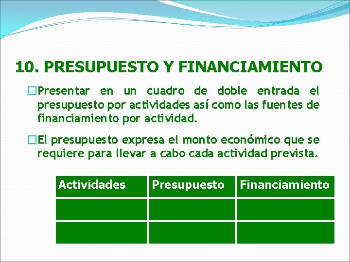 10. PRESUPUESTO Y FINANCIAMIENTO �Presentar en un cuadro de doble entrada el presupuesto por