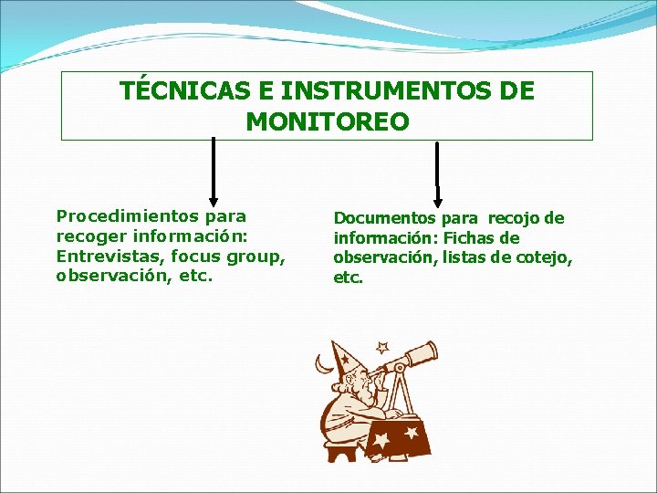 TÉCNICAS E INSTRUMENTOS DE MONITOREO Procedimientos para recoger información: Entrevistas, focus group, observación, etc.