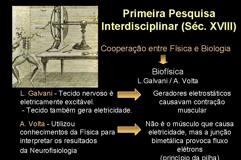 Primeira Pesquisa Interdisciplinar (Séc. XVIII) Cooperação entre Física e Biologia Biofísica L. Galvani /