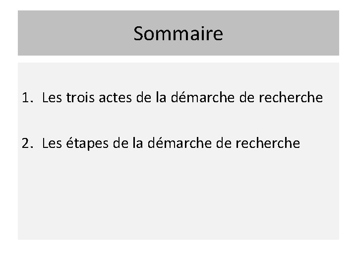 Sommaire 1. Les trois actes de la démarche de recherche 2. Les étapes de