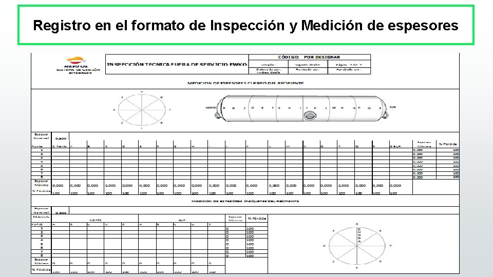 Registro en el formato de Inspección y Medición de espesores 