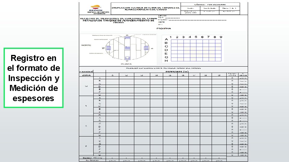 Registro en el formato de Inspección y Medición de espesores 