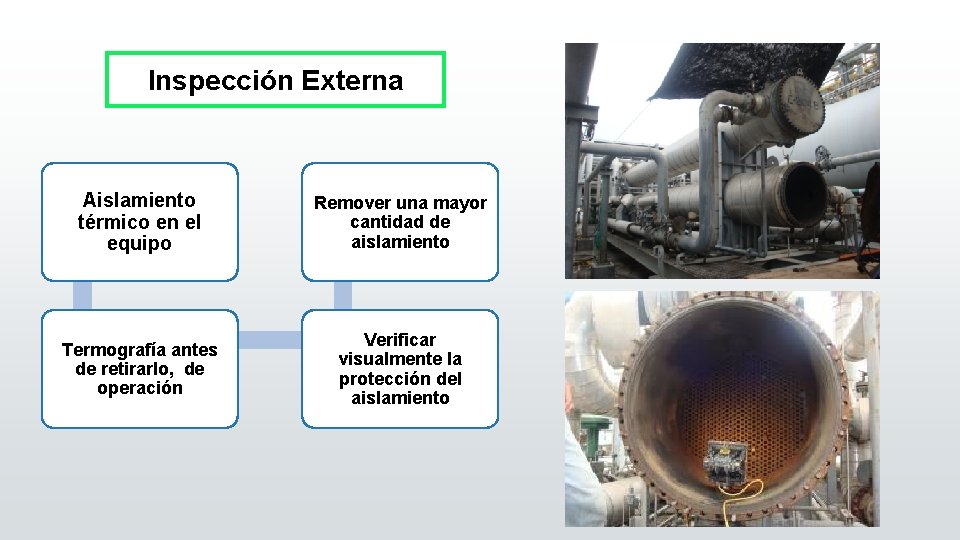 Inspección Externa Aislamiento térmico en el equipo Remover una mayor cantidad de aislamiento Termografía