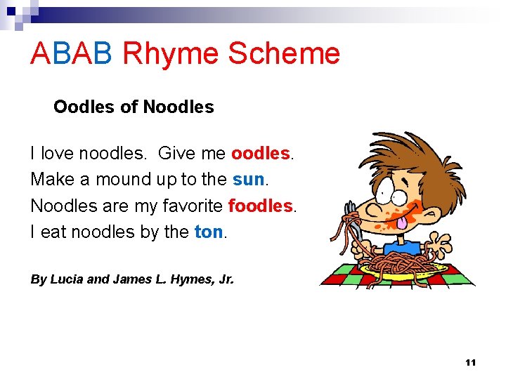 ABAB Rhyme Scheme Oodles of Noodles I love noodles. Give me oodles. Make a