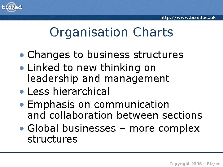 http: //www. bized. ac. uk Organisation Charts • Changes to business structures • Linked