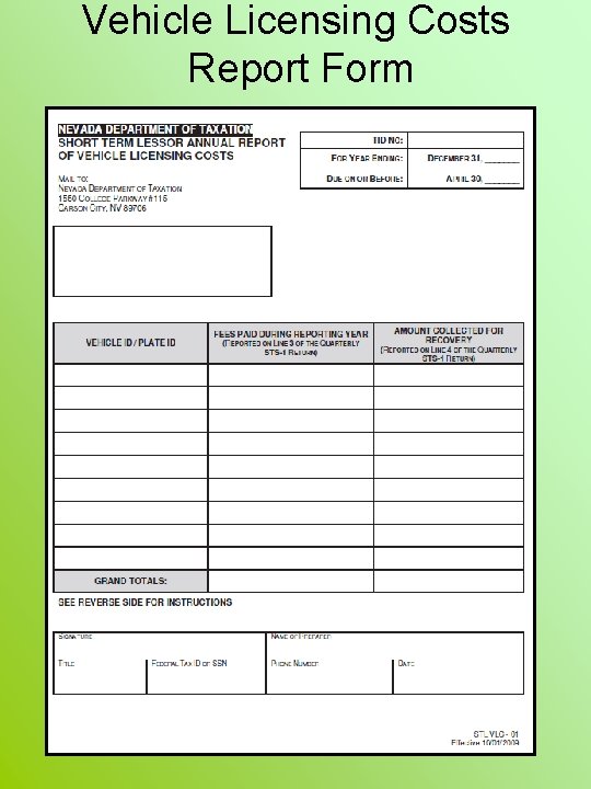 Vehicle Licensing Costs Report Form 