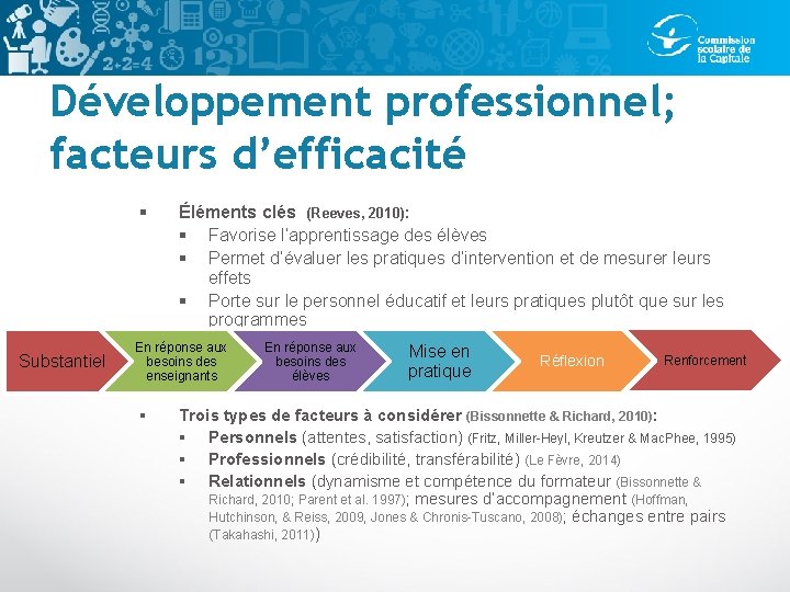 Développement professionnel; facteurs d’efficacité § Substantiel Éléments clés (Reeves, 2010): § Favorise l’apprentissage des