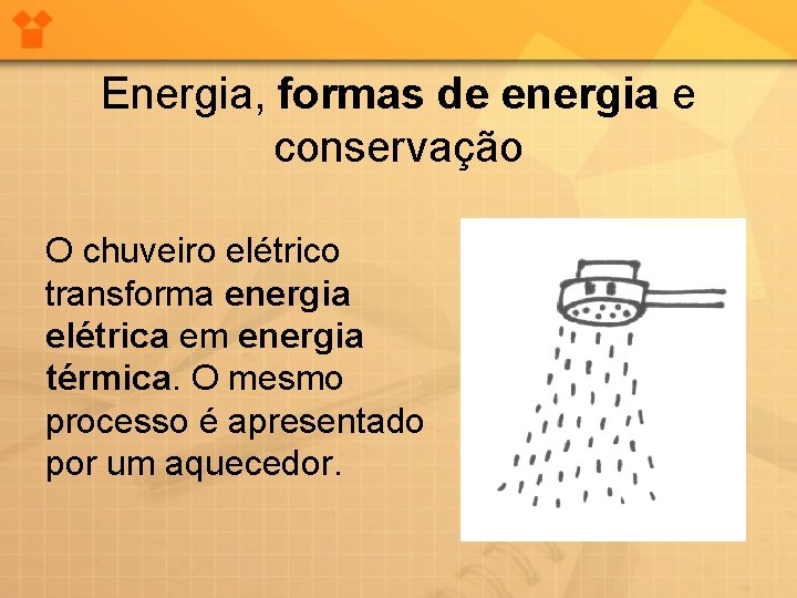 Energia, formas de energia e conservação O chuveiro elétrico transforma energia elétrica em energia