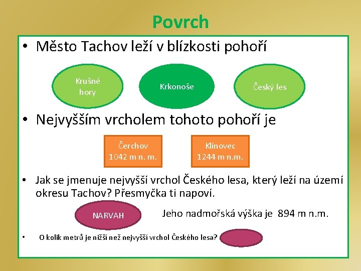 Povrch • Město Tachov leží v blízkosti pohoří Krušné hory Krkonoše Český les •