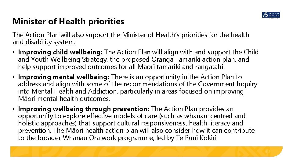 Minister of Health priorities The Action Plan will also support the Minister of Health’s