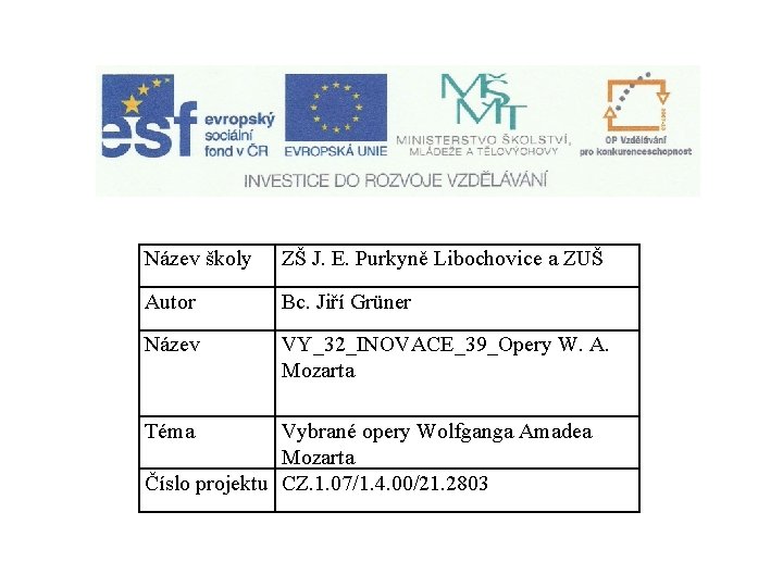 Název školy ZŠ J. E. Purkyně Libochovice a ZUŠ Autor Bc. Jiří Grüner Název