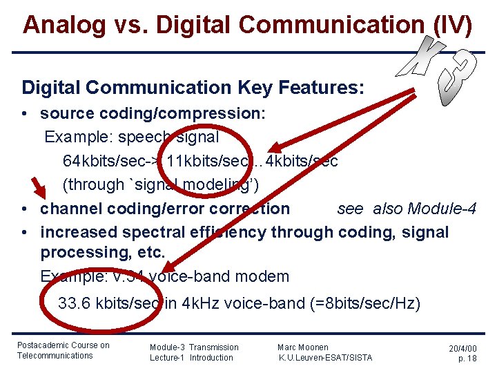 Analog vs. Digital Communication (IV) Digital Communication Key Features: • source coding/compression: Example: speech