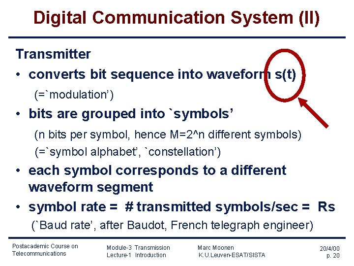 Digital Communication System (II) Transmitter • converts bit sequence into waveform s(t) (=`modulation’) •