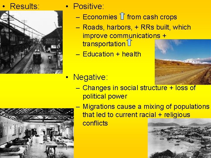 • Results: • Positive: – Economies from cash crops – Roads, harbors, + • Results: • Positive: – Economies from cash crops – Roads, harbors, +