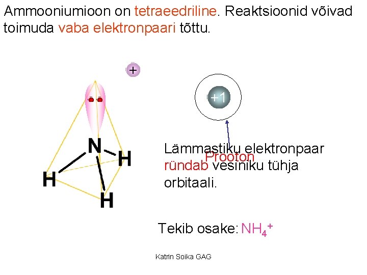 Ammooniumioon on tetraeedriline. Reaktsioonid võivad toimuda vaba elektronpaari tõttu. + +1 Lämmastiku elektronpaar Prooton