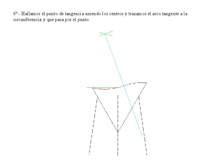 6º. - Hallamos el punto de tangencia uniendo los centros y trazamos el arco