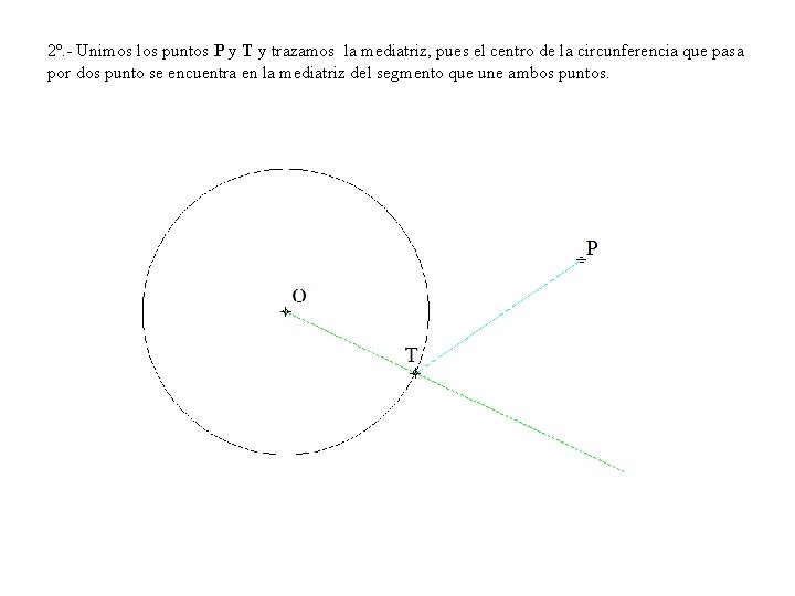 2º. - Unimos los puntos P y T y trazamos la mediatriz, pues el