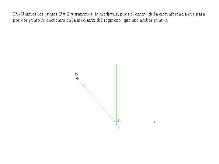 2º. - Unimos los puntos P y T y trazamos la mediatriz, pues el