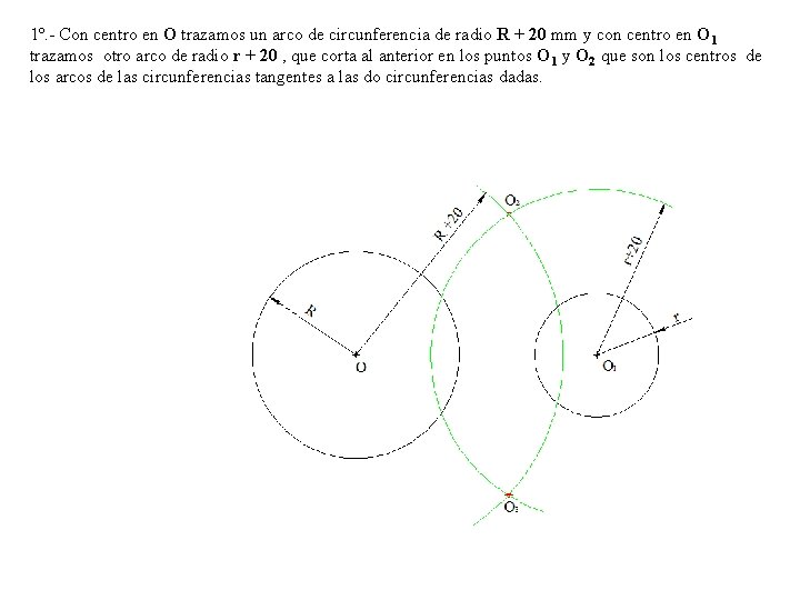 1º. - Con centro en O trazamos un arco de circunferencia de radio R