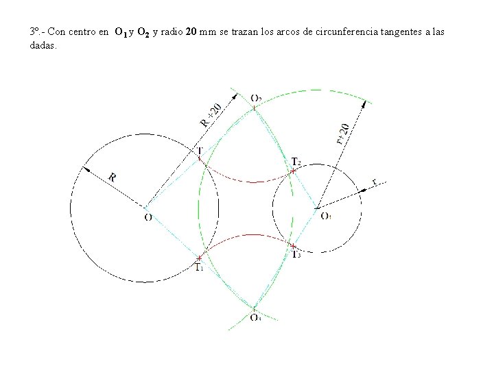 3º. - Con centro en O 1 y O 2 y radio 20 mm