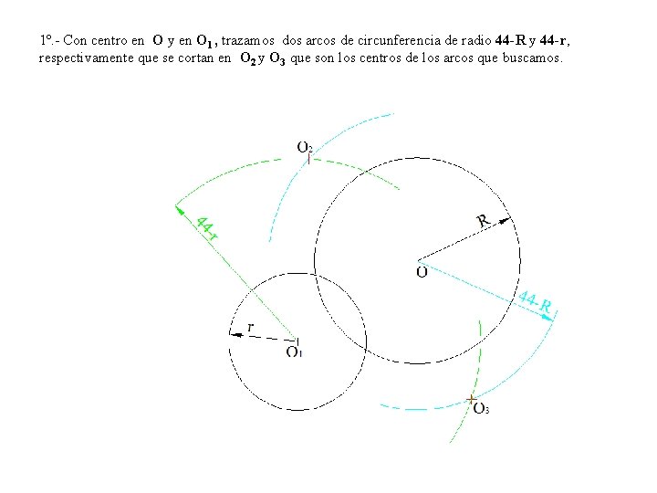 1º. - Con centro en O y en O 1 , trazamos dos arcos