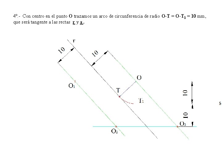 4º. - Con centro en el punto O trazamos un arco de circunferencia de