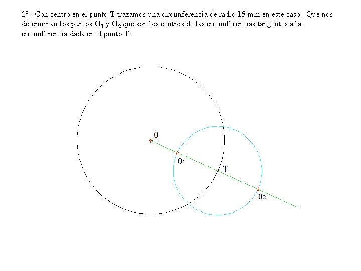 2º. - Con centro en el punto T trazamos una circunferencia de radio 15