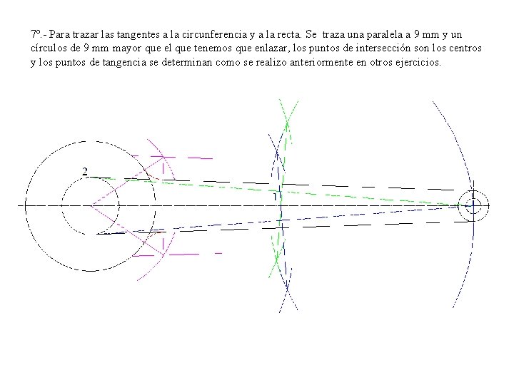 7º. - Para trazar las tangentes a la circunferencia y a la recta. Se