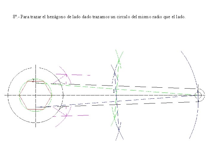 8º. - Para trazar el hexágono de lado dado trazamos un circulo del mismo