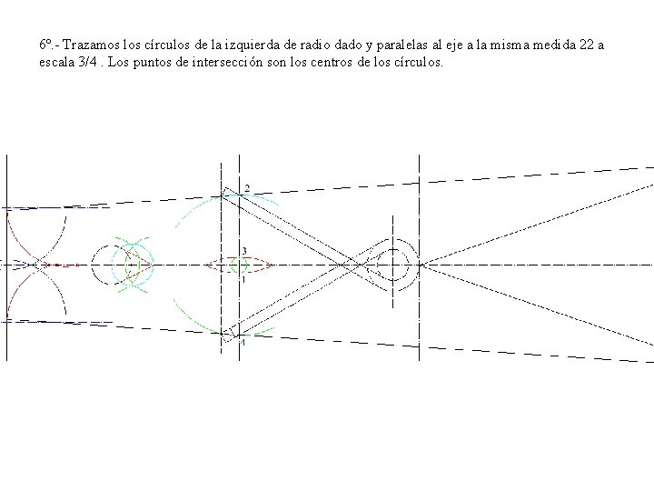 6º. - Trazamos los círculos de la izquierda de radio dado y paralelas al