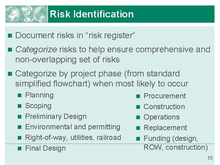 Risk Identification n Document risks in “risk register” n Categorize risks to help ensure
