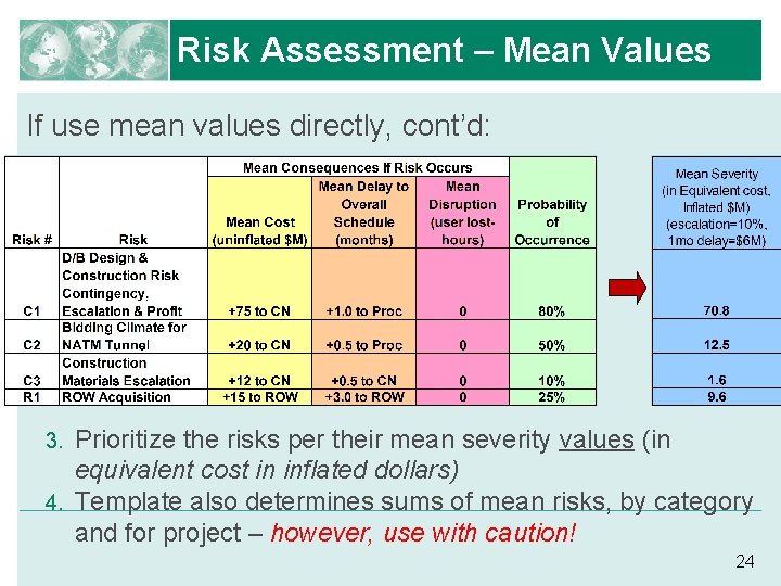 Risk Assessment – Mean Values If use mean values directly, cont’d: Prioritize the risks