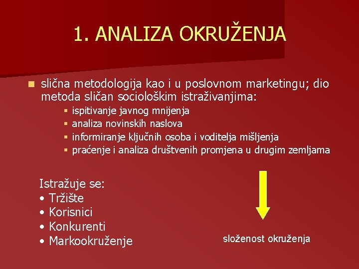 1. ANALIZA OKRUŽENJA n slična metodologija kao i u poslovnom marketingu; dio metoda sličan 1. ANALIZA OKRUŽENJA n slična metodologija kao i u poslovnom marketingu; dio metoda sličan