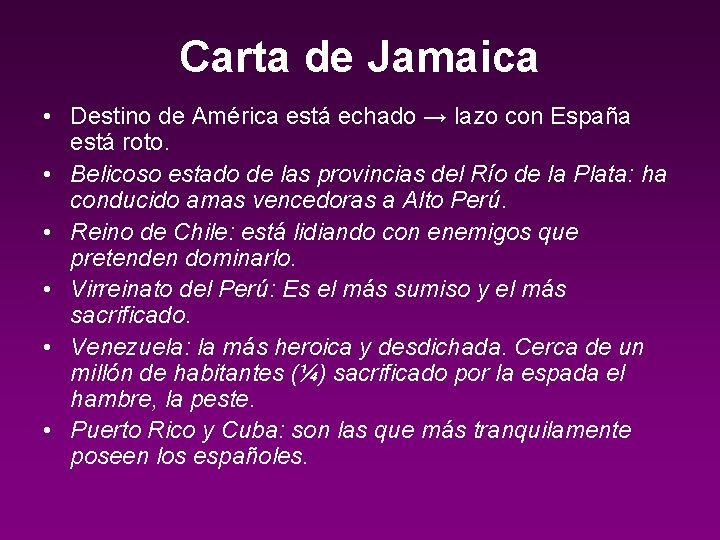 Carta de Jamaica • Destino de América está echado → lazo con España está
