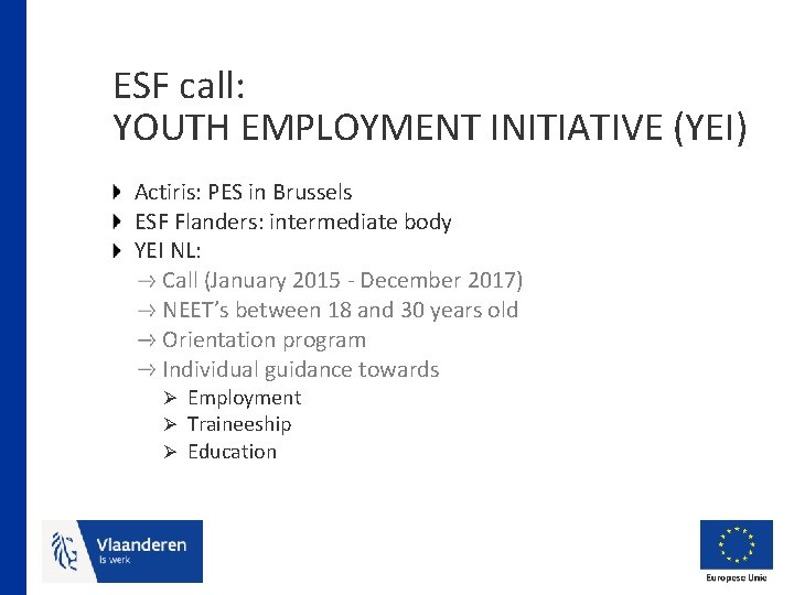 ESF call: YOUTH EMPLOYMENT INITIATIVE (YEI) Actiris: PES in Brussels ESF Flanders: intermediate body