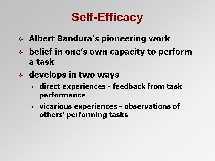 Self-Efficacy v Albert Bandura’s pioneering work v belief in one’s own capacity to perform