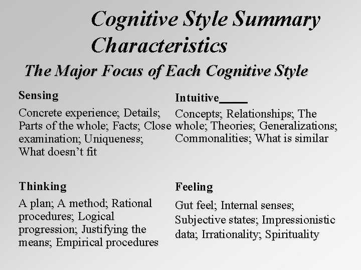 Cognitive Style Summary Characteristics The Major Focus of Each Cognitive Style Sensing Intuitive Concrete