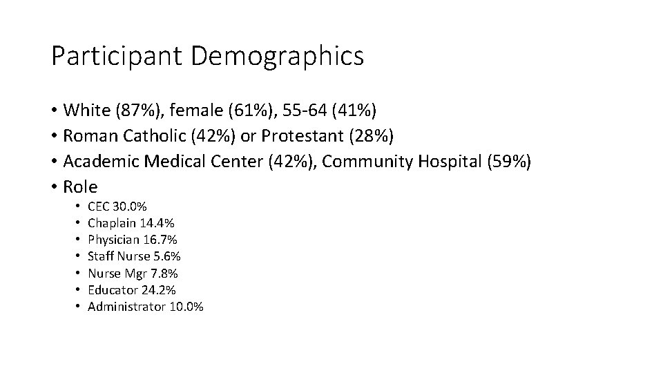Participant Demographics • White (87%), female (61%), 55 -64 (41%) • Roman Catholic (42%)