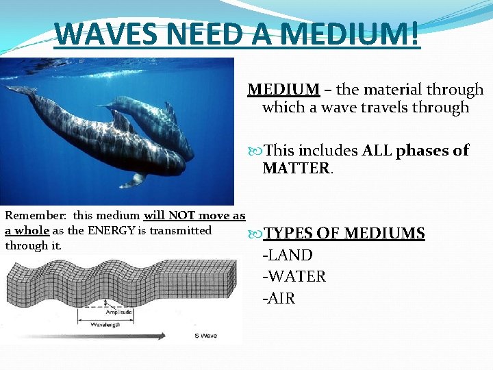 WAVES NEED A MEDIUM! MEDIUM – the material through which a wave travels through