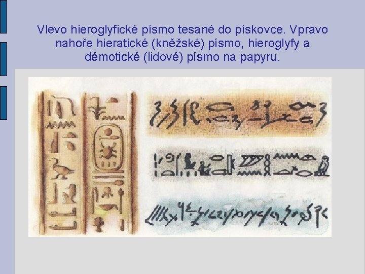 Vlevo hieroglyfické písmo tesané do pískovce. Vpravo nahoře hieratické (kněžské) písmo, hieroglyfy a démotické