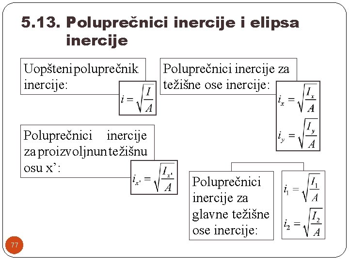 5. 13. Poluprečnici inercije i elipsa inercije Uopšteni poluprečnik inercije: Poluprečnici inercije za proizvoljnun
