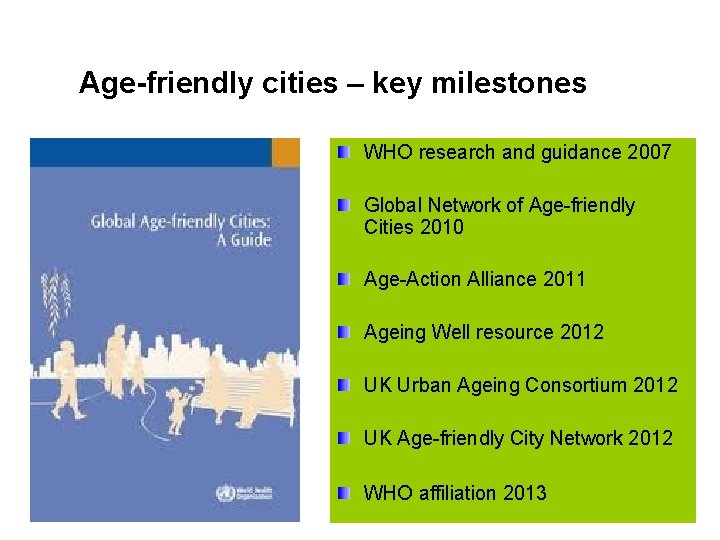 Age-friendly cities – key milestones WHO research and guidance 2007 Global Network of Age-friendly