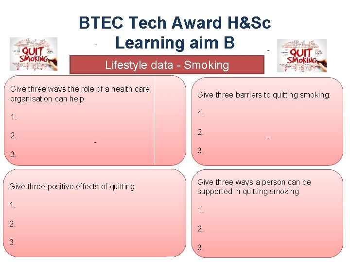 BTEC Tech Award H&Sc Learning aim B Lifestyle data - Smoking Give three ways