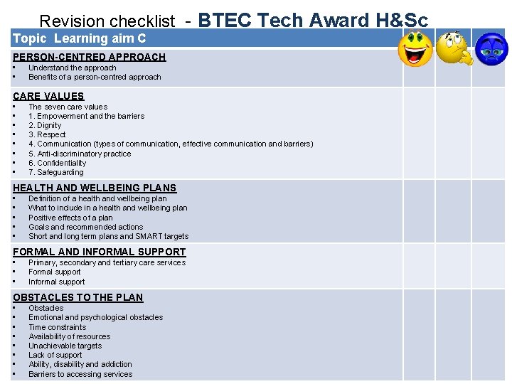 Revision checklist - BTEC Tech Award H&Sc Topic Learning aim C PERSON-CENTRED APPROACH •