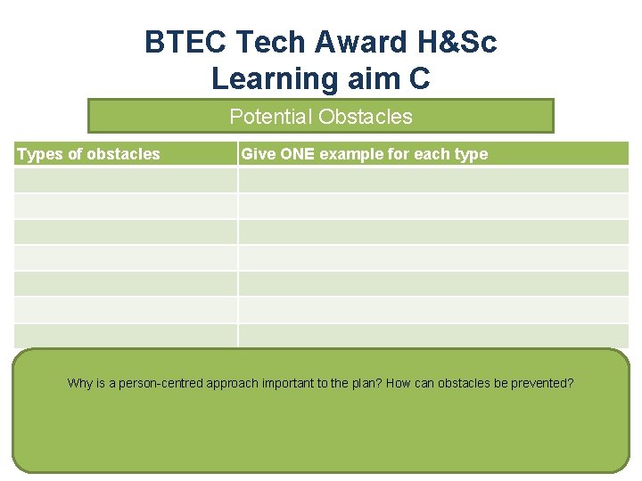 BTEC Tech Award H&Sc Learning aim C Potential Obstacles Types of obstacles Give ONE