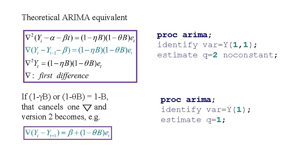 Theoretical ARIMA equivalent proc arima; identify var=Y(1, 1); estimate q=2 noconstant; If (1 -g.