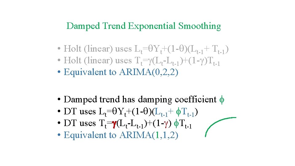 Damped Trend Exponential Smoothing • Holt (linear) uses Lt=q. Yt+(1 -q)(Lt-1+ Tt-1) • Holt