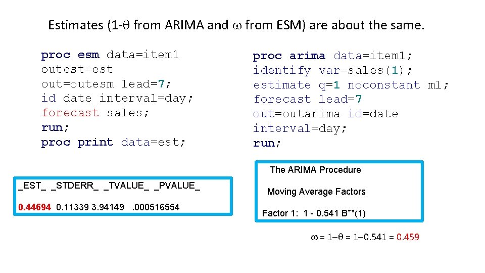 Estimates (1 -q from ARIMA and w from ESM) are about the same. proc