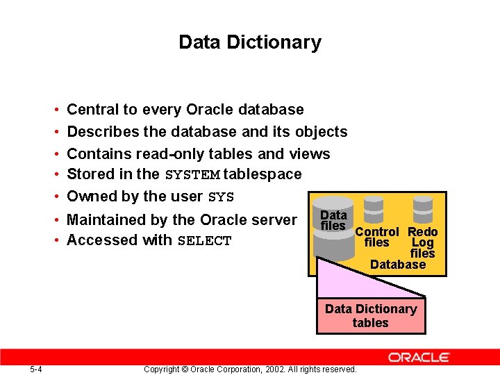 Data Dictionary • • Central to every Oracle database Describes the database and its